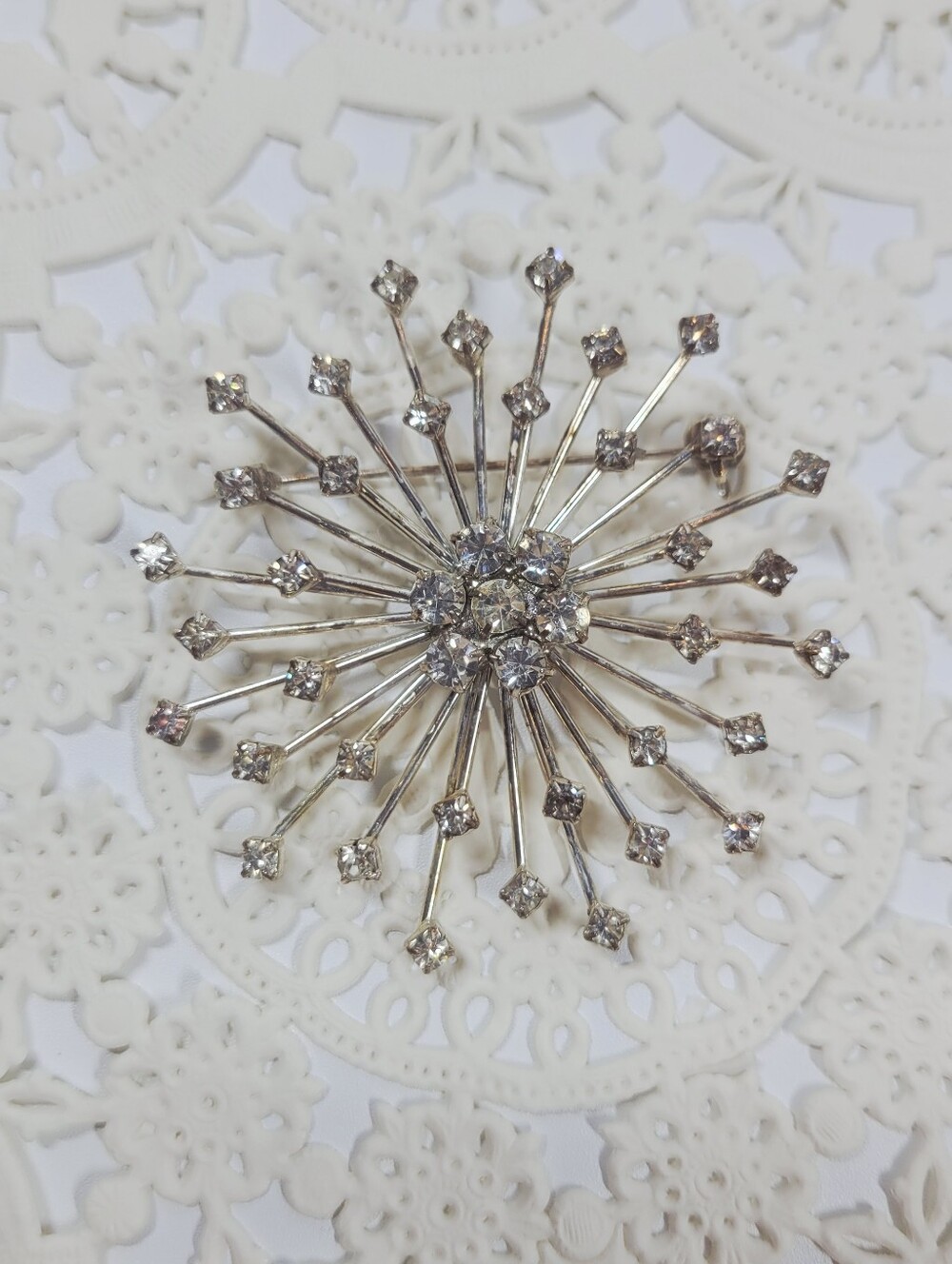 Vintage Roman RMN Signed Atomic Starburst Rhinestone‎ Brooch Silver Tone